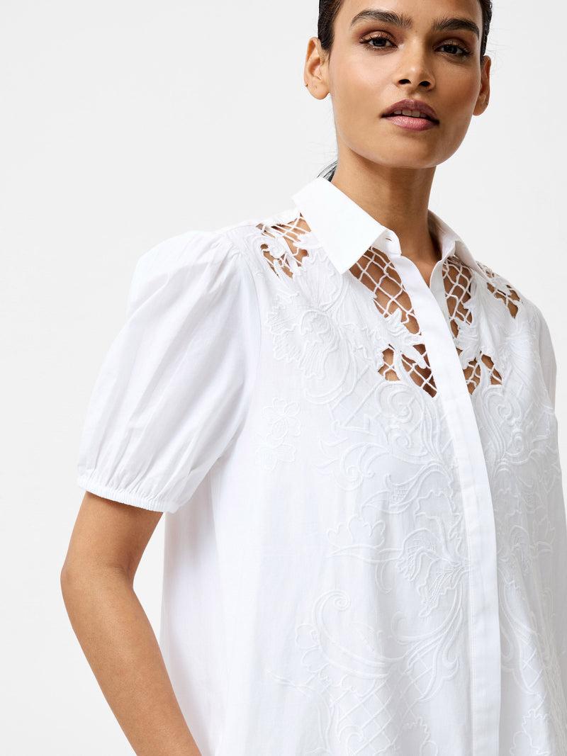 French Connection Cambria Cotton Embroidered Shirt Dress Linen White