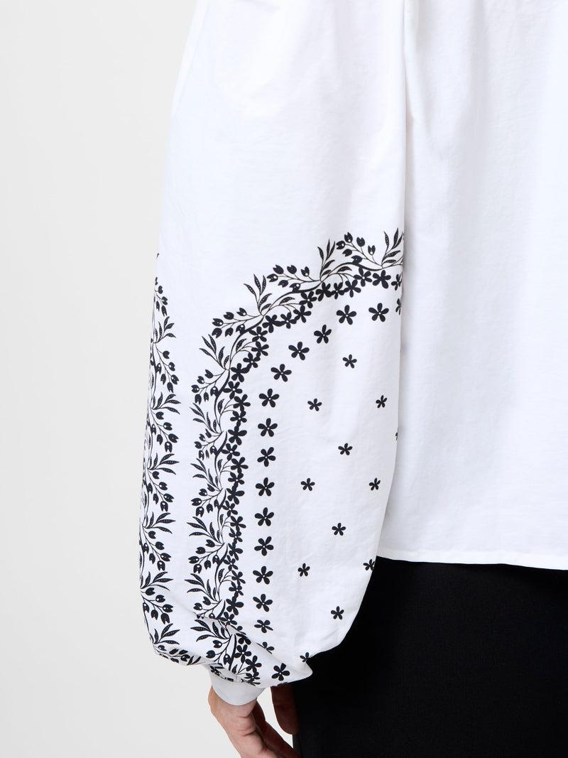 French Connection Cambria Cotton Floral Sleeve Tie Up Shirt Linen White Black