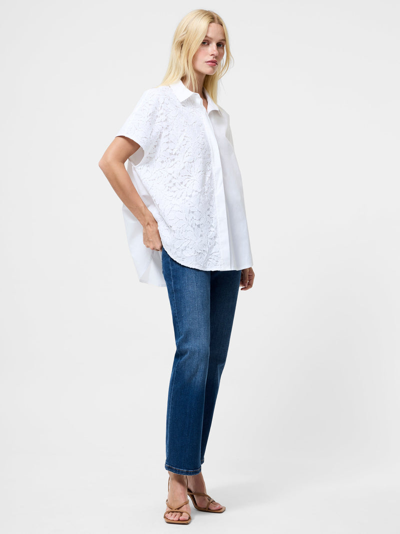 French Connection Cambria Cotton Half Lace Short Sleeve Shirt Linen White