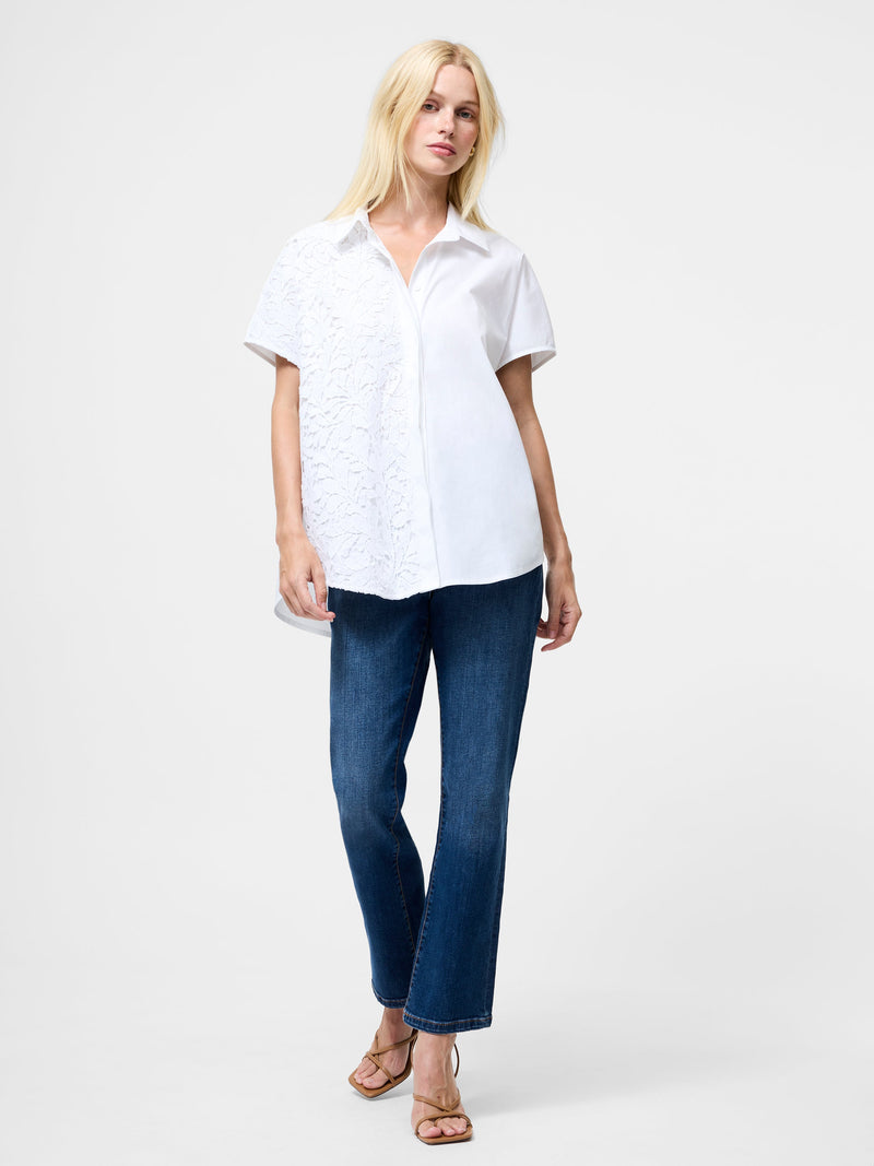 French Connection Cambria Cotton Half Lace Short Sleeve Shirt Linen White