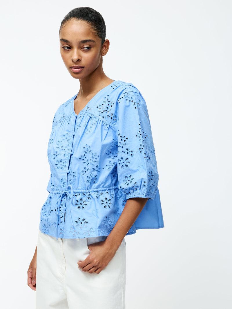 French Connection Cambria Cotton Puff Sleeve Broderie Top Cornflower Blue