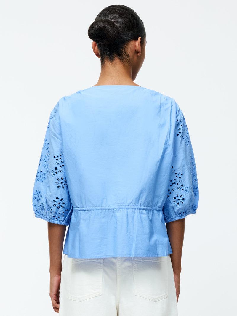 French Connection Cambria Cotton Puff Sleeve Broderie Top Cornflower Blue