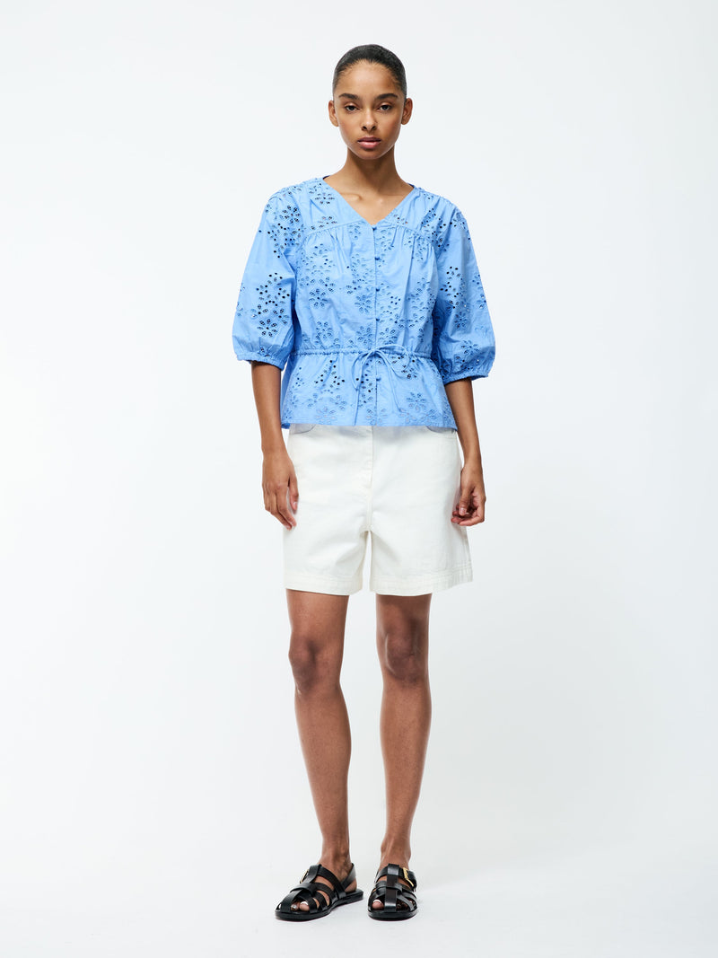 French Connection Cambria Cotton Puff Sleeve Broderie Top Cornflower Blue