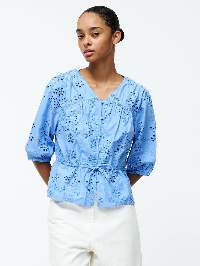 french connection Cambria Cotton Puff Sleeve Broderie Top Cornflower Blue