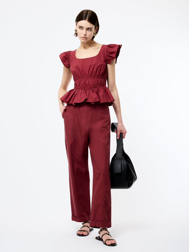 French Connection Cambria Cotton Scoop Neck Ruffle Top Summer Burgundy