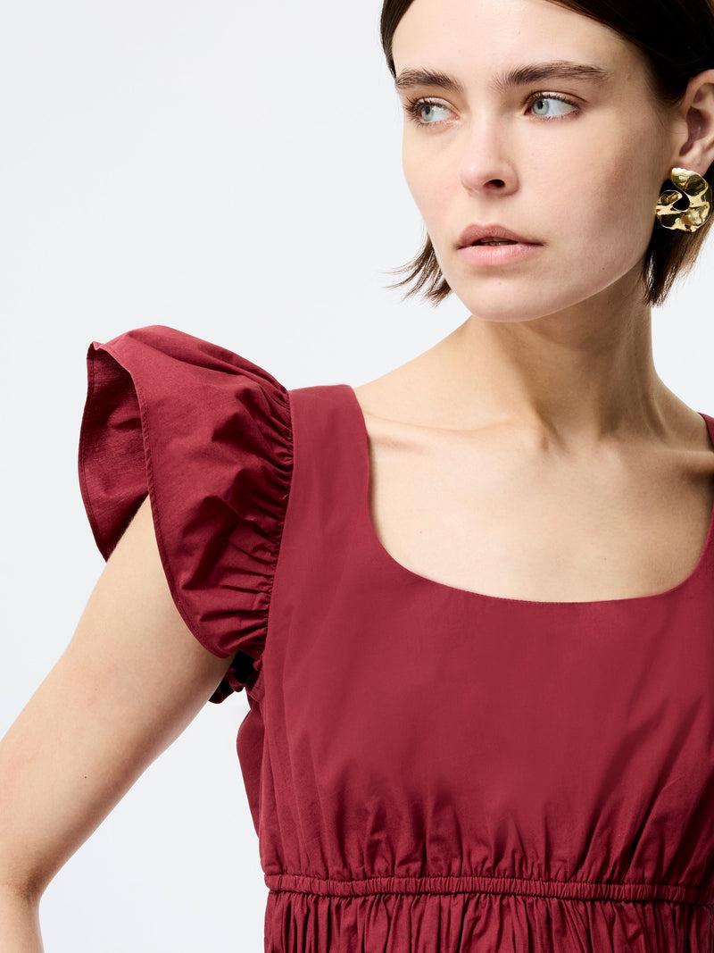 French Connection Cambria Cotton Scoop Neck Ruffle Top Summer Burgundy