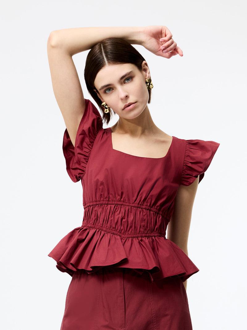 french connection Cambria Cotton Scoop Neck Ruffle Top Summer Burgundy