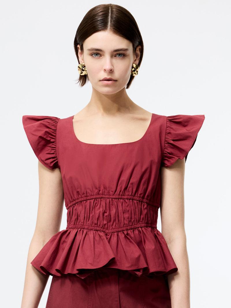 French Connection Cambria Cotton Scoop Neck Ruffle Top Summer Burgundy