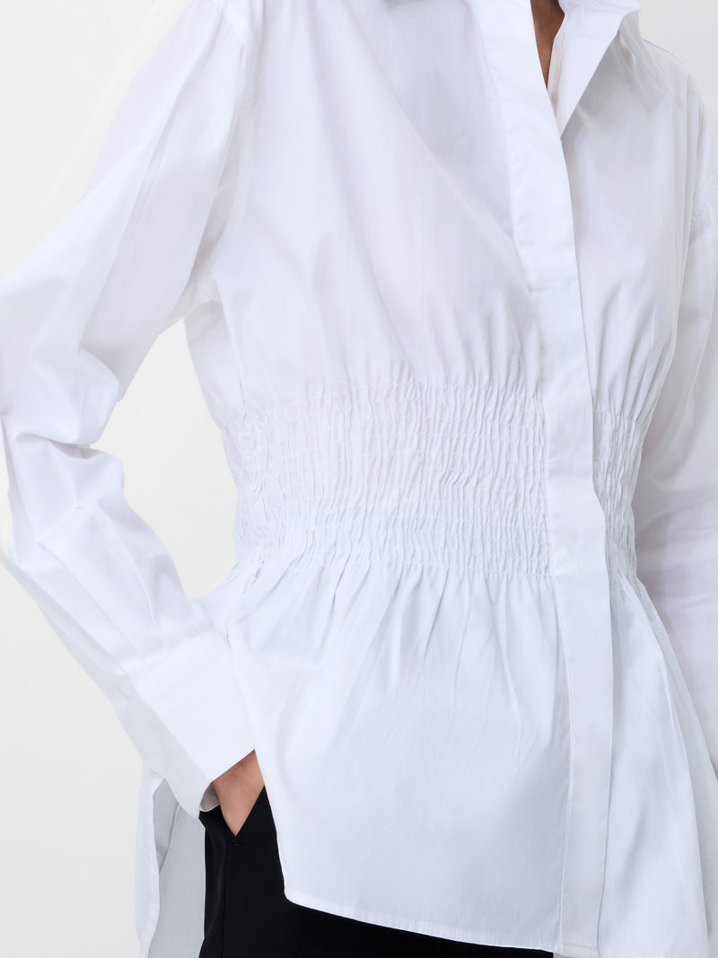 French Connection Cambria Cotton Smocked Button Down Shirt Linen White