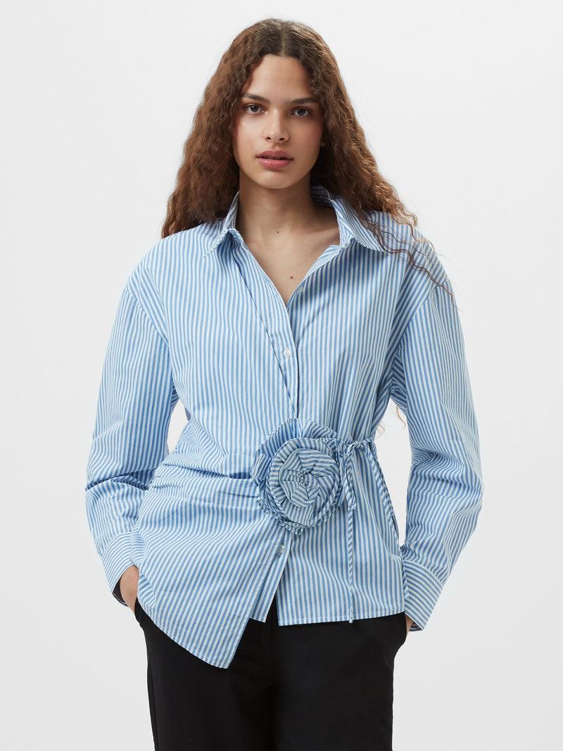 French Connection Cambria Cotton Striped Corsage Shirt Blue/White
