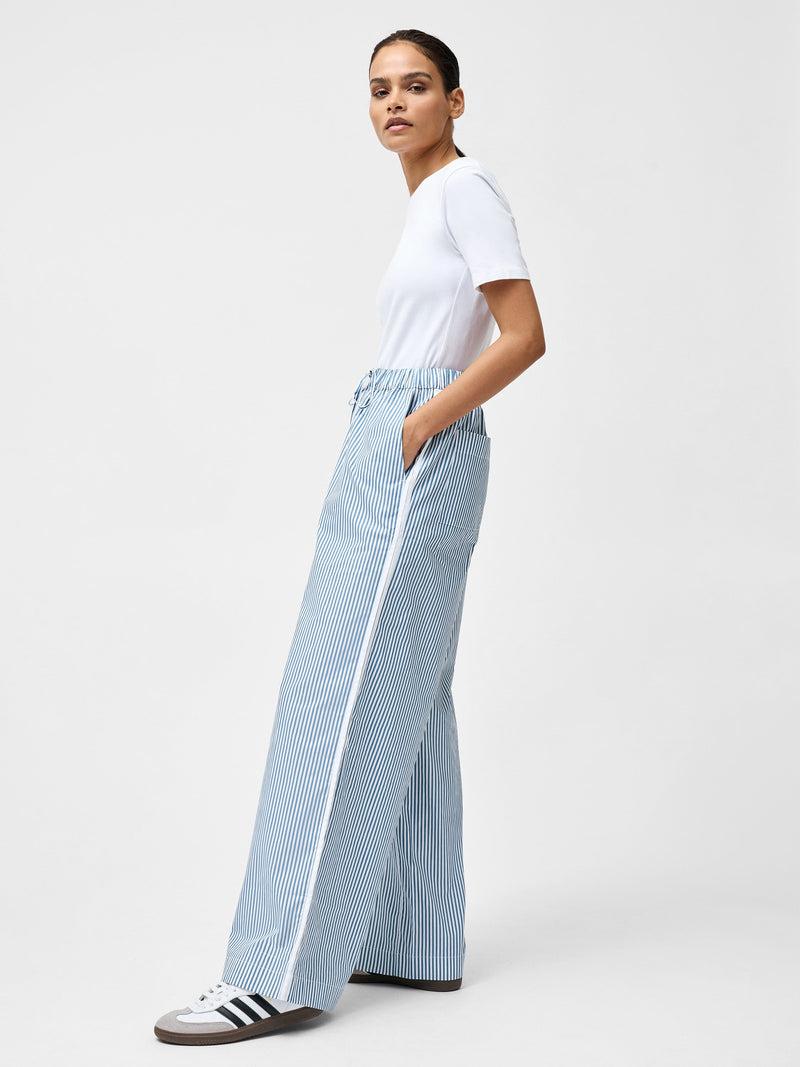 French Connection Cambria Cotton Striped Wide Leg Trousers Linen White/Blue