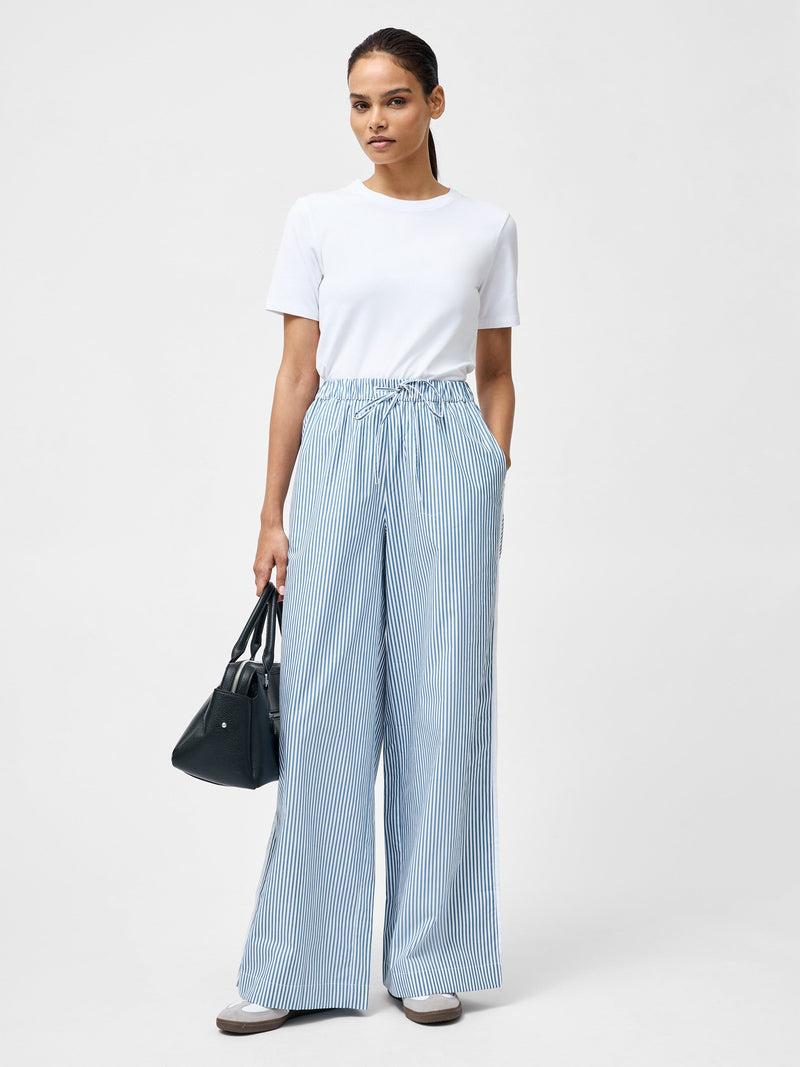 French Connection Cambria Cotton Striped Wide Leg Trousers Linen White/Blue