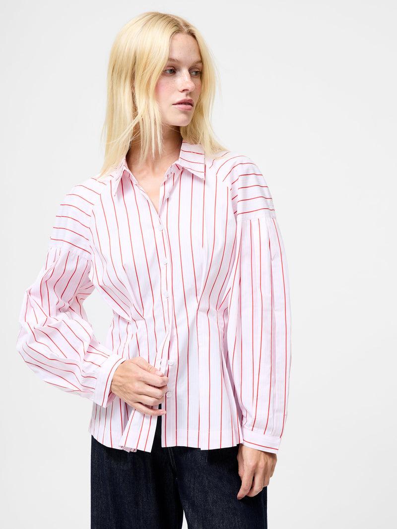 French Connection Cambria Dobby Pleat Stripe Shirt Pink White Red