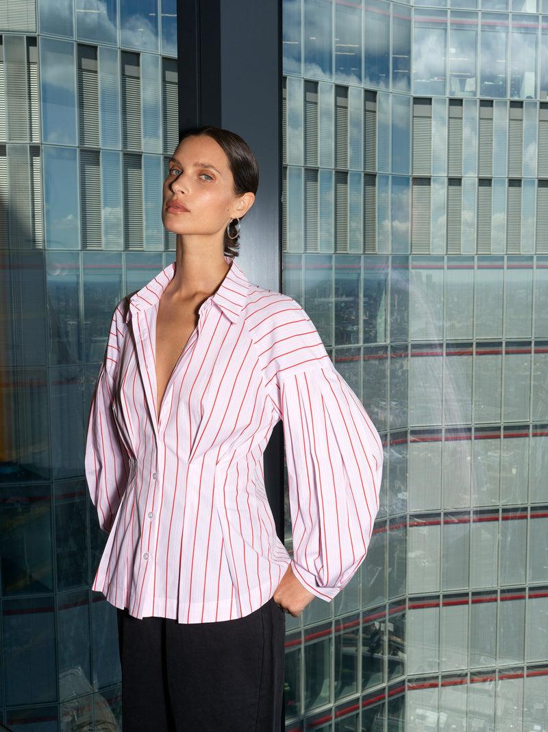 french connection Cambria Dobby Pleat Stripe Shirt Pink White Red