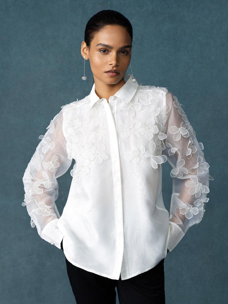 french connection Camden 3D Floral Embellished Shirt Summer White