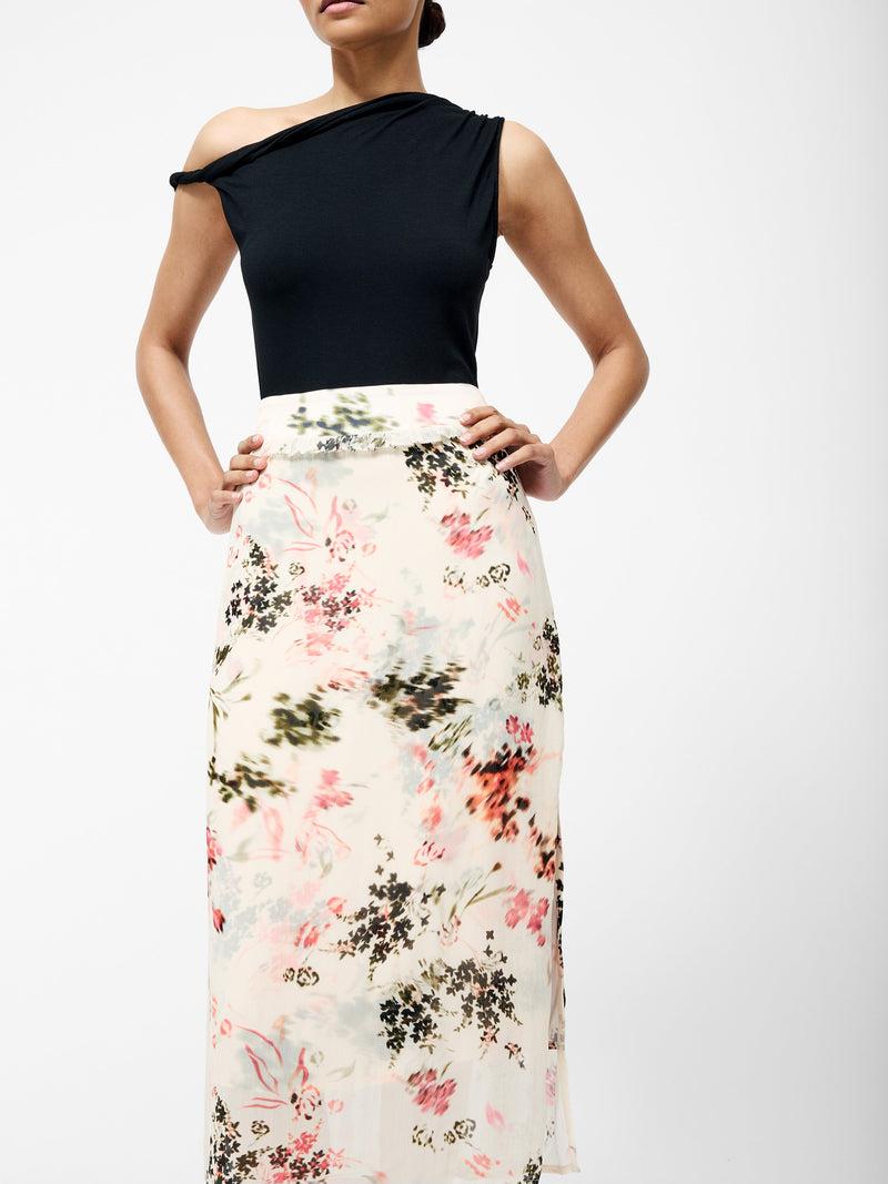 French Connection Candice Satin Georgette Overlay Midi Skirt Cream/Scarlet Red Multi