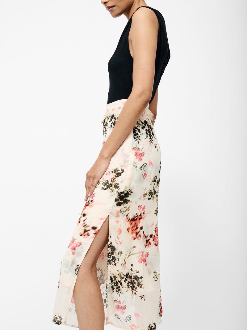 French Connection Candice Satin Georgette Overlay Midi Skirt Cream/Scarlet Red Multi
