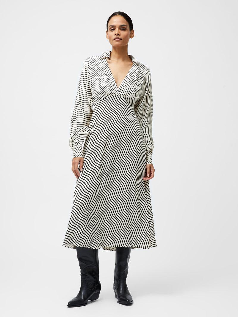 French Connection Candice Satin Stripe Midi Dress Black/Cream