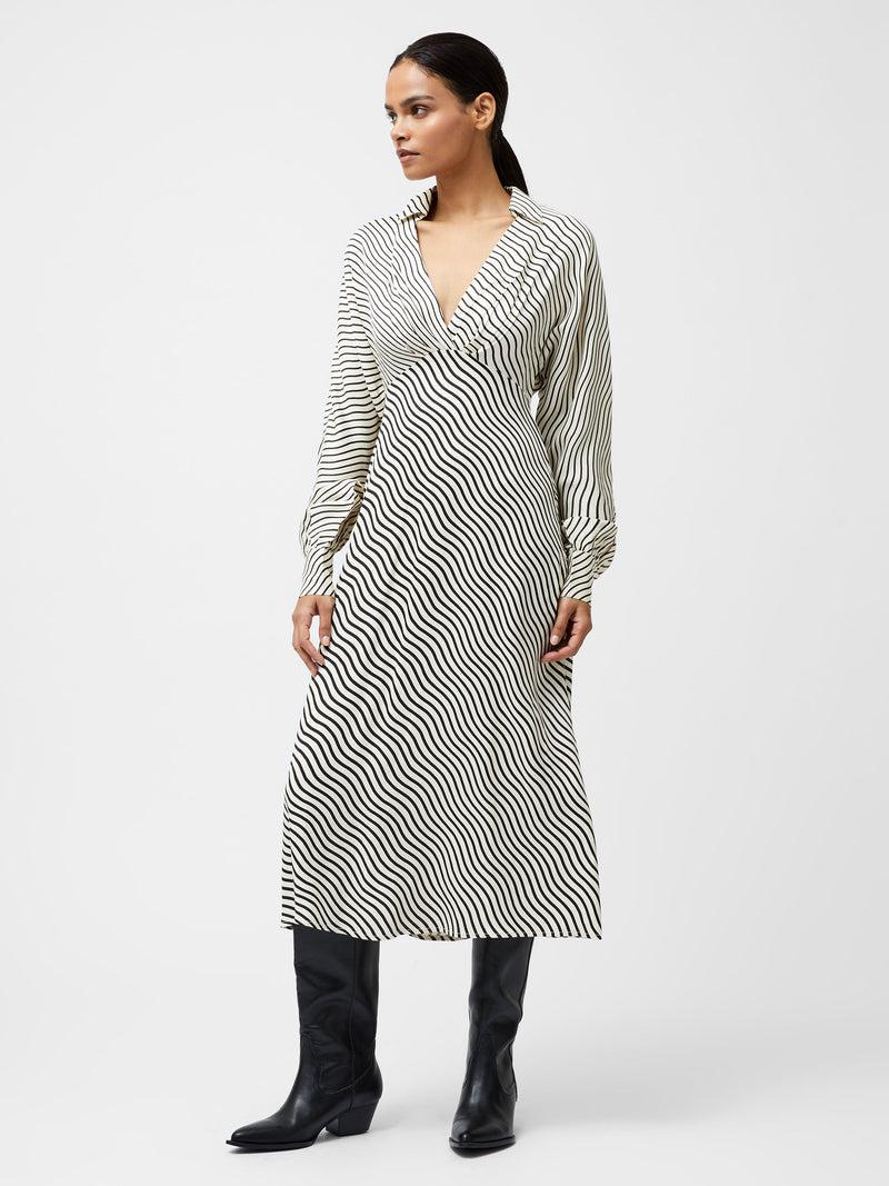 French Connection Candice Satin Stripe Midi Dress Black/Cream