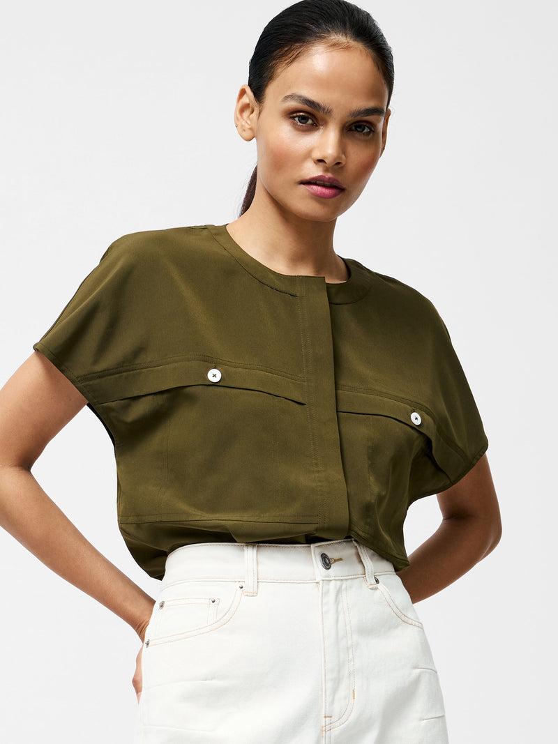 French Connection Capriana Crepe Cap Sleeve Yoke Top Khaki