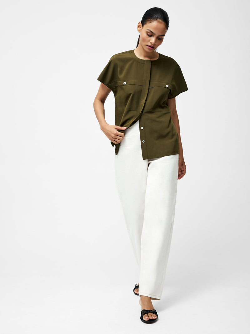 French Connection Capriana Crepe Cap Sleeve Yoke Top Khaki