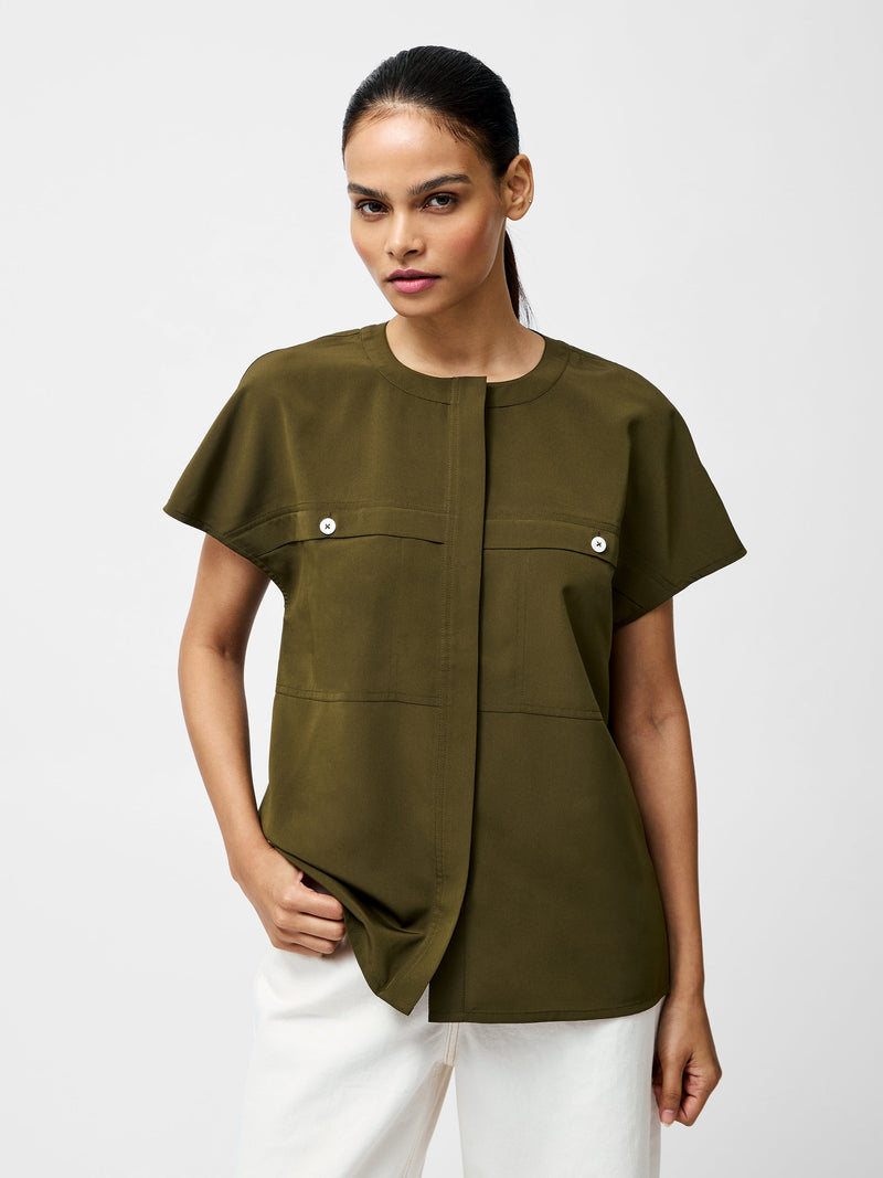 french connection Capriana Crepe Cap Sleeve Yoke Top Khaki
