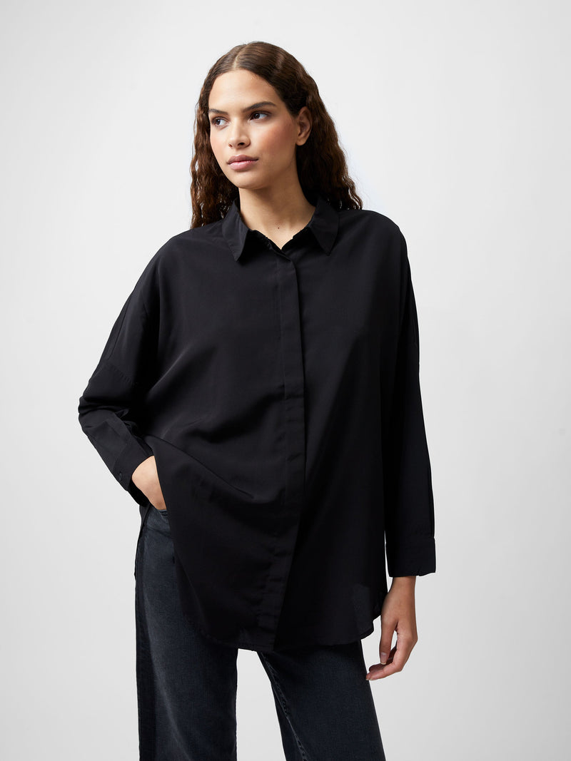 French Connection Caprina Recycled Crepe Long Sleeve Button Shirt Black