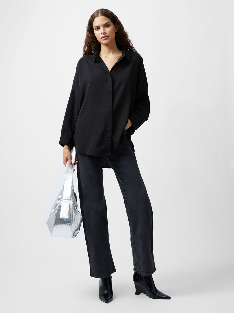 french connection Caprina Recycled Crepe Long Sleeve Button Shirt Black