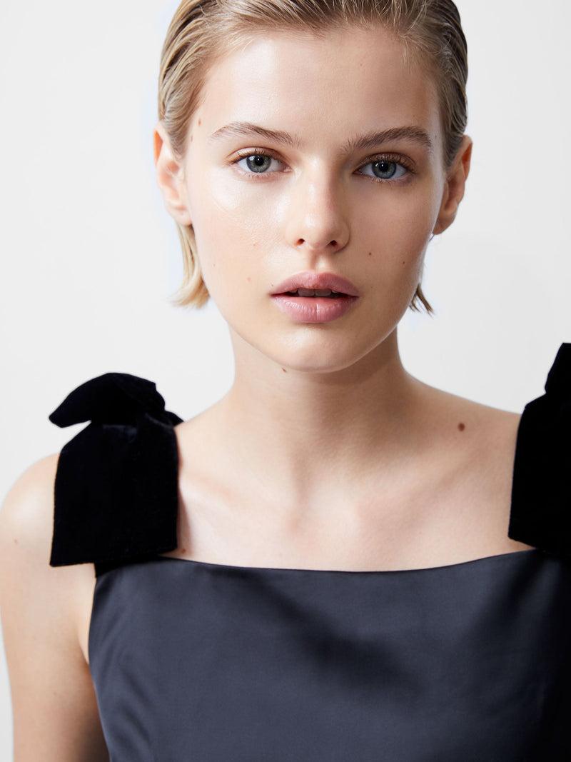 French Connection Carey Velvet Bow Straps Satin Mini Dress Blackout