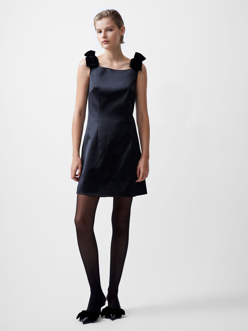 French Connection Carey Velvet Bow Straps Satin Mini Dress Blackout