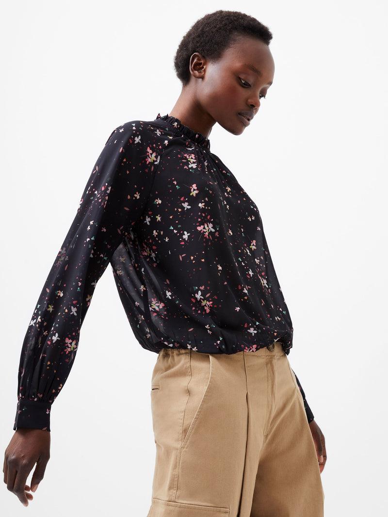 french connection Carina Georgette Frill High Neck Top Blackout Multi