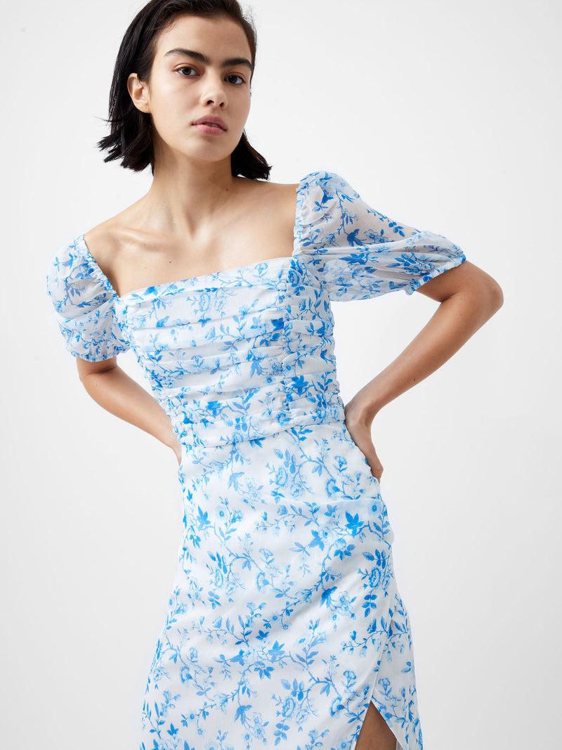 French Connection Catrina Crinkle Ruched Dress Summer White/Blue