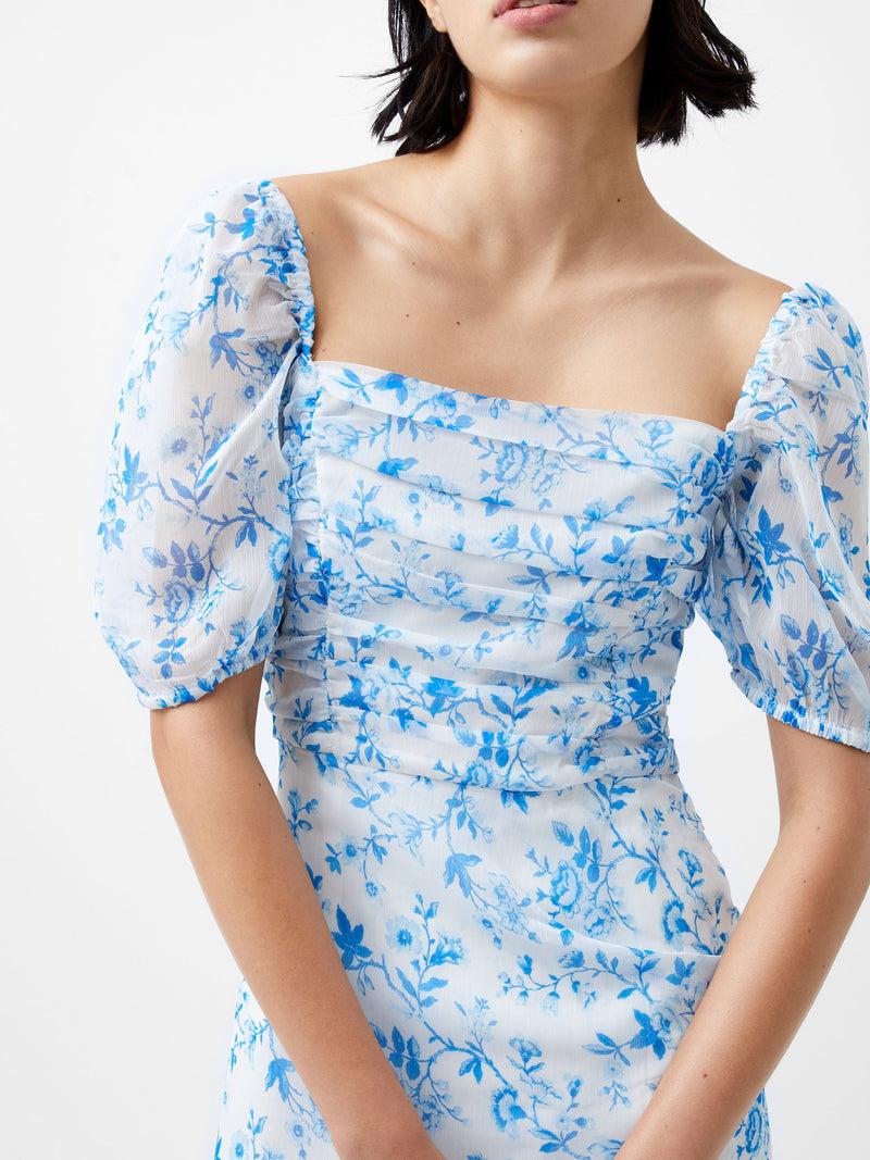 French Connection Catrina Crinkle Ruched Dress Summer White/Blue