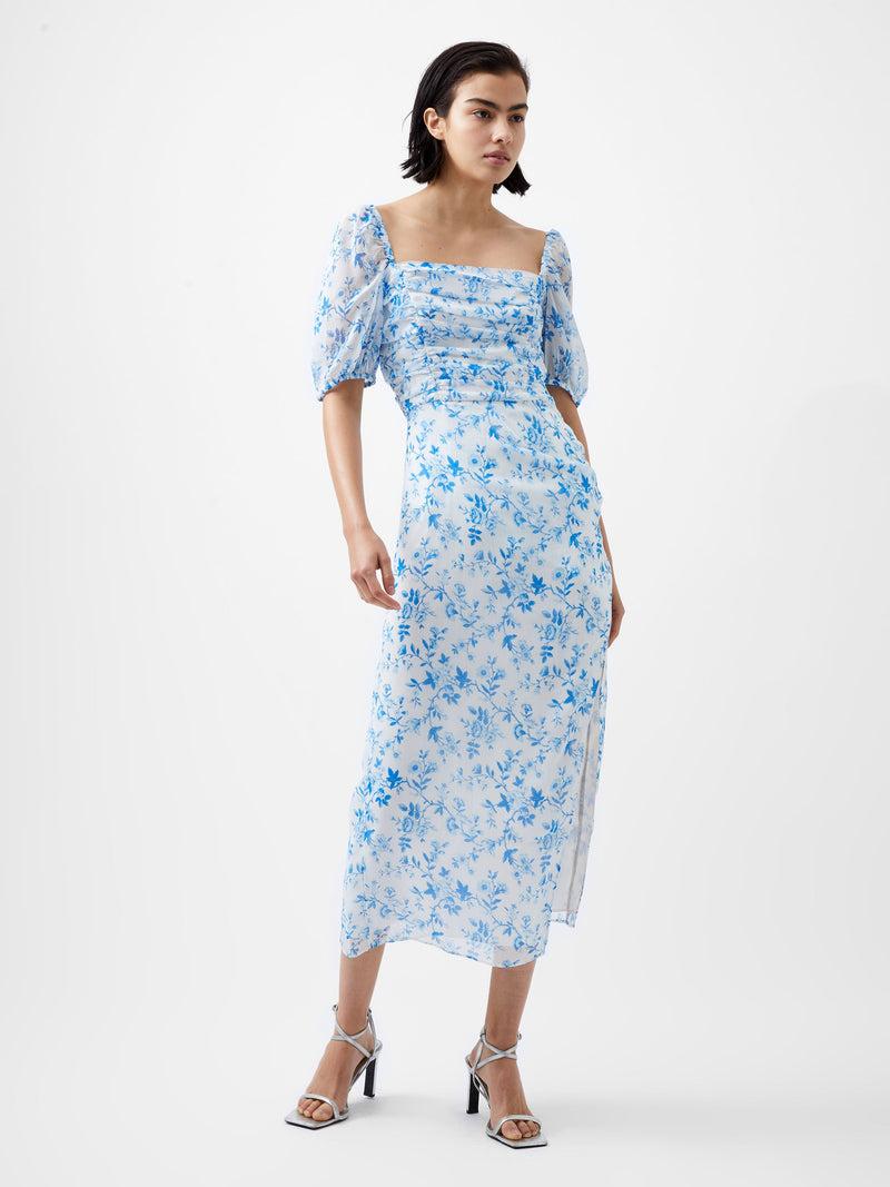 French Connection Catrina Crinkle Ruched Dress Summer White/Blue
