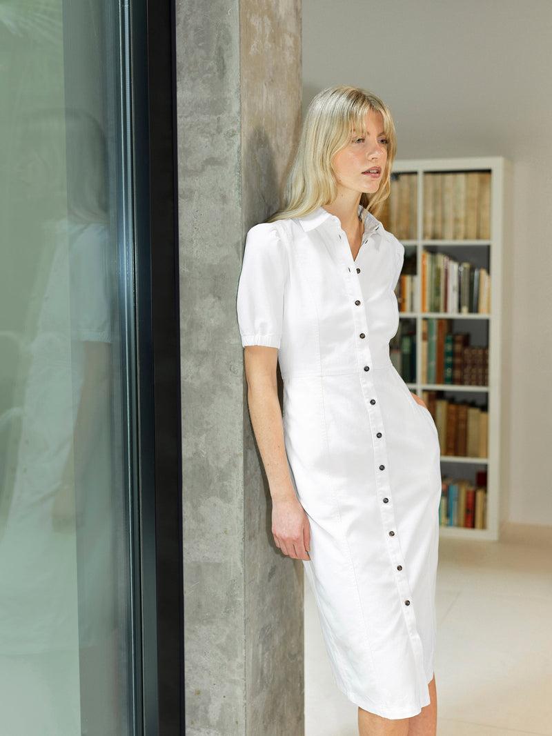 french connection Chambray Denim Button Through Shirt Dress Ecru