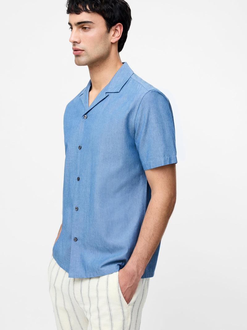 French Connection Chambray Denim Revere Short Sleeve Shirt Chambray Blue