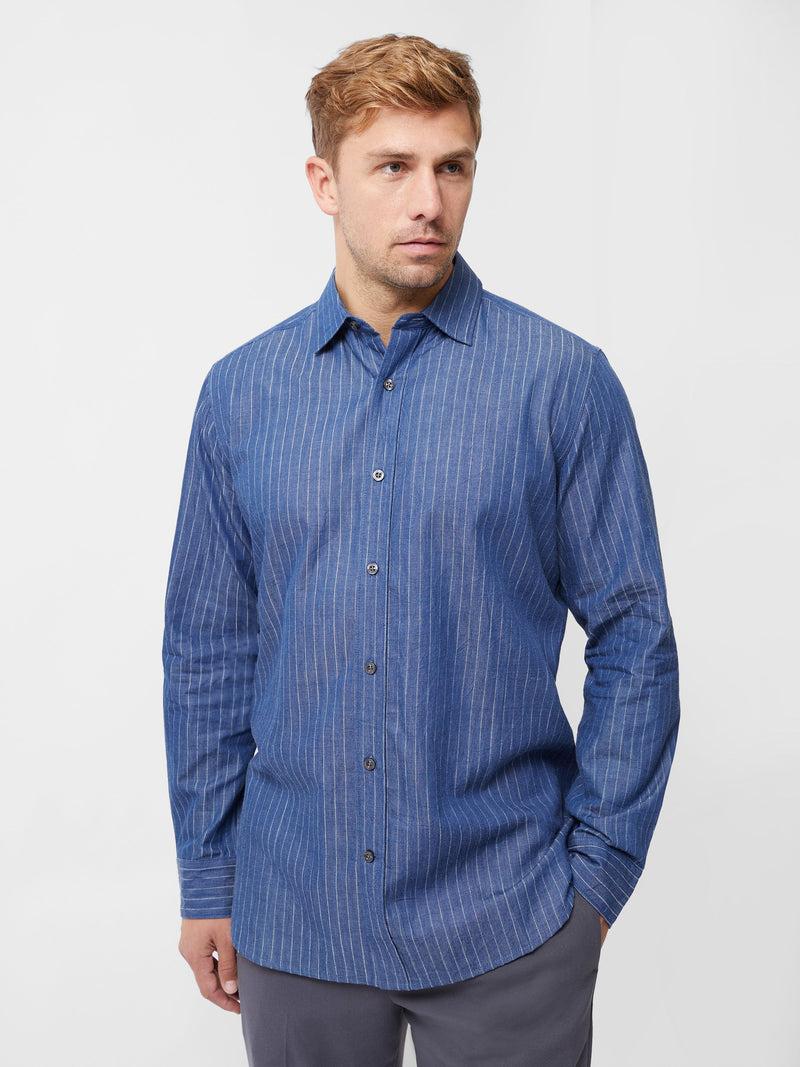 french connection Chambray Stripe Long Sleeve Shirt Mid Blue Stripe