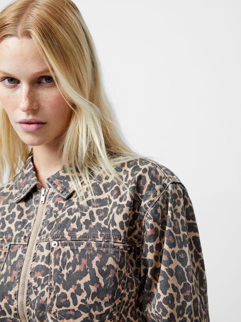 French Connection Charlie Leopard Print Denim Jacket Leopard Sand Multi