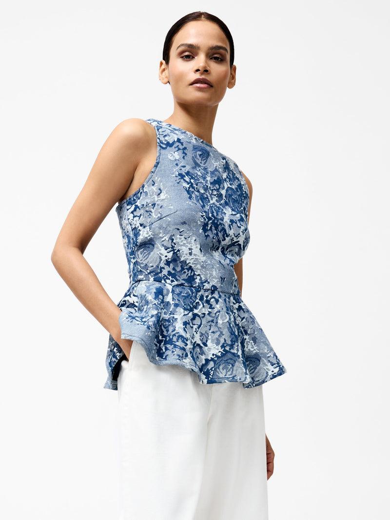 French Connection Charlotte Denim Jacquard Peplum Top Light Wash