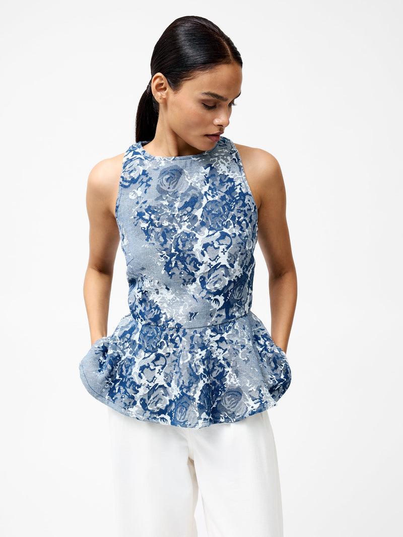 french connection Charlotte Denim Jacquard Peplum Top Light Wash