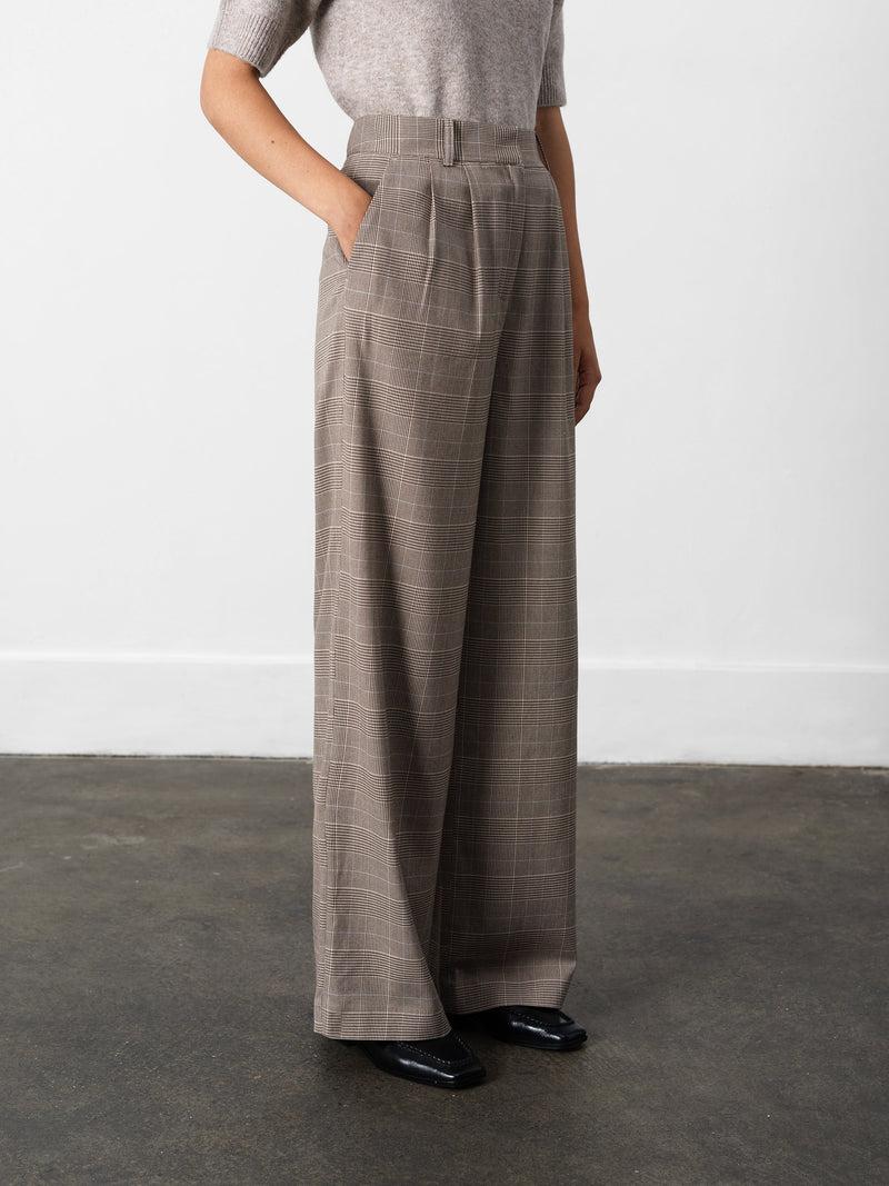 French Connection Chester Check Wide Leg Trousers Brown Multi