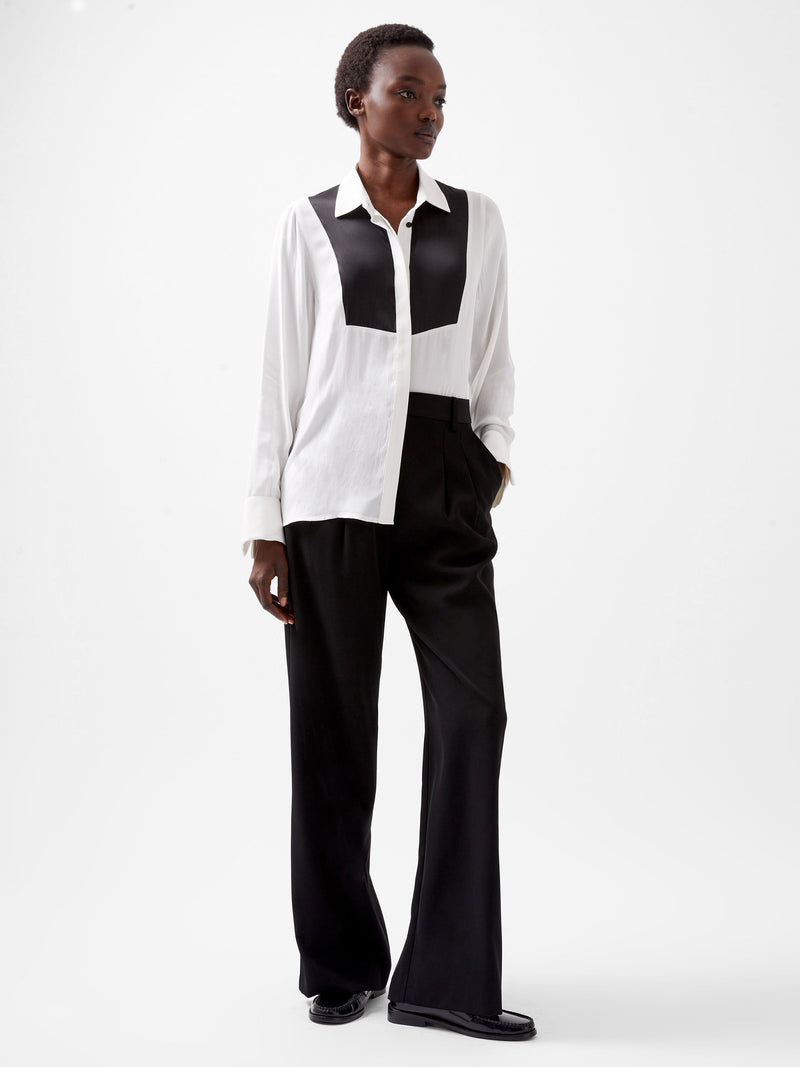 French Connection Chiara Drape Satin Contrast Long Sleeve Shirt Linen White/Blackout
