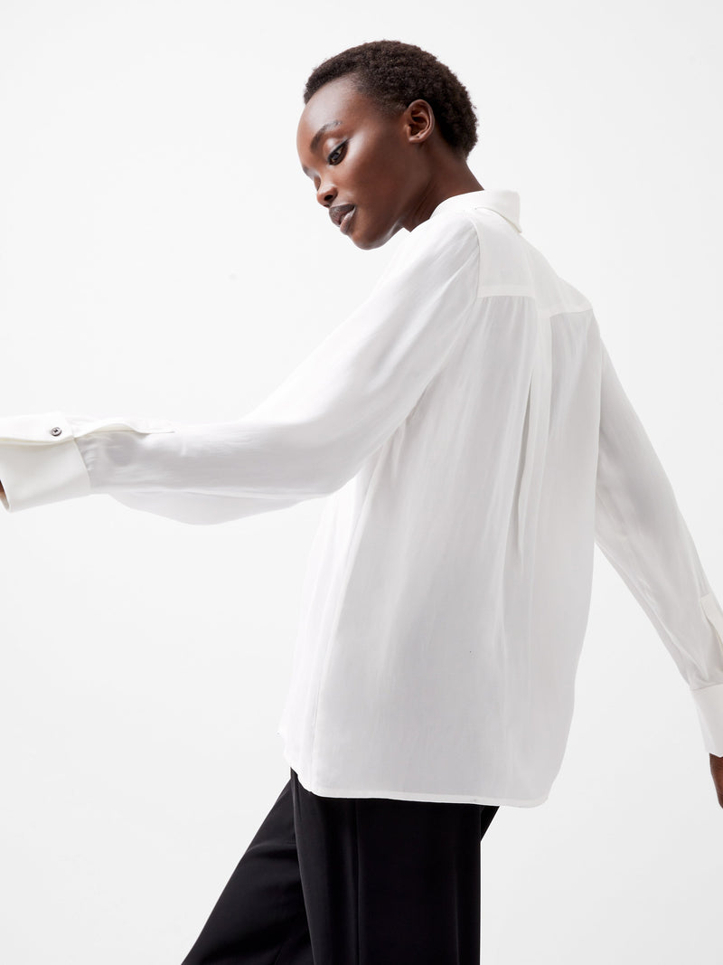 French Connection Chiara Drape Satin Contrast Long Sleeve Shirt Linen White/Blackout