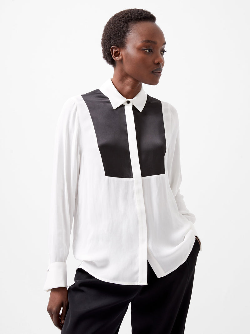 french connection Chiara Drape Satin Contrast Long Sleeve Shirt Linen White/Blackout