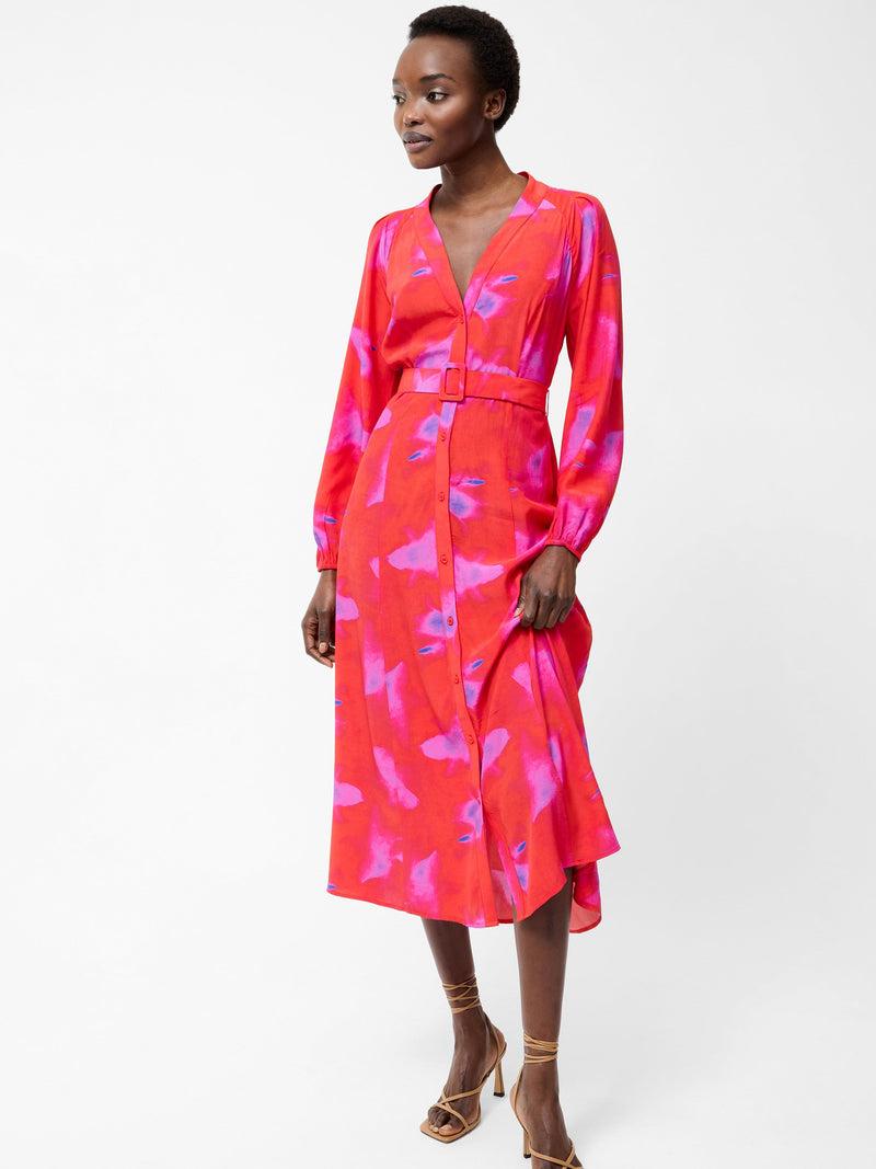 french connection Christy Belted V Neck Midi Dress Raspberry Sorbet