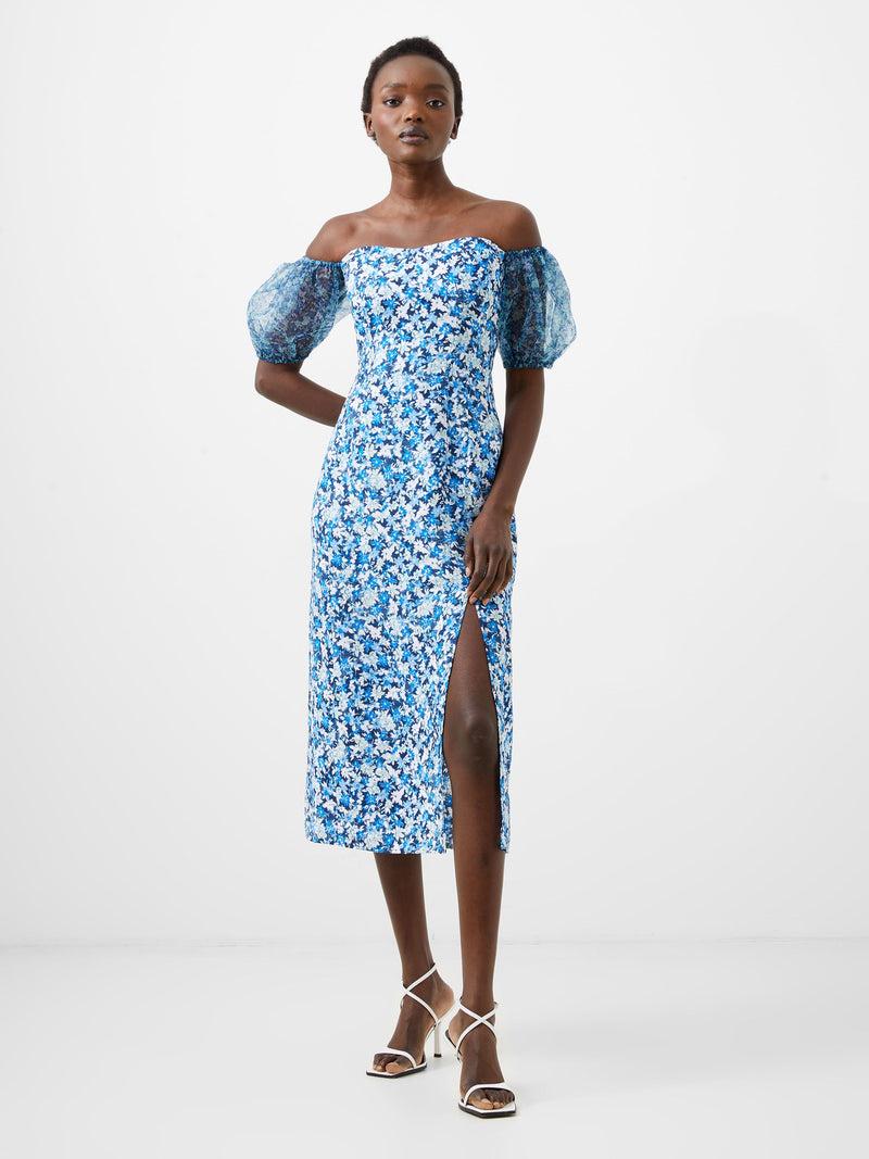 french connection Clara Textured Puff Sleeve Midi Dress Midnight Blue Multi