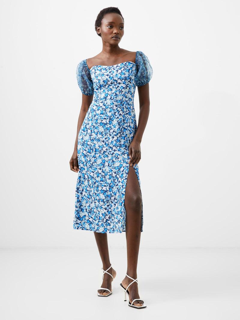 French Connection Clara Textured Puff Sleeve Midi Dress Midnight Blue Multi