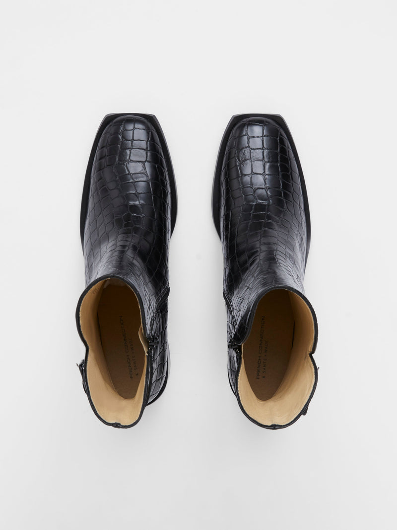 French Connection Connic Croc Ankle Boots Black Croc