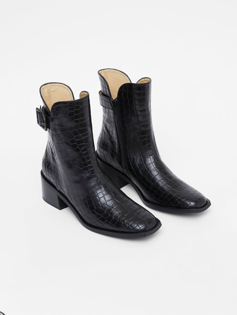 French Connection Connic Croc Ankle Boots Black Croc