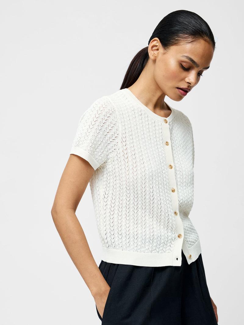 French Connection Cotton Blend Pointelle Short Sleeve Cardigan Cream